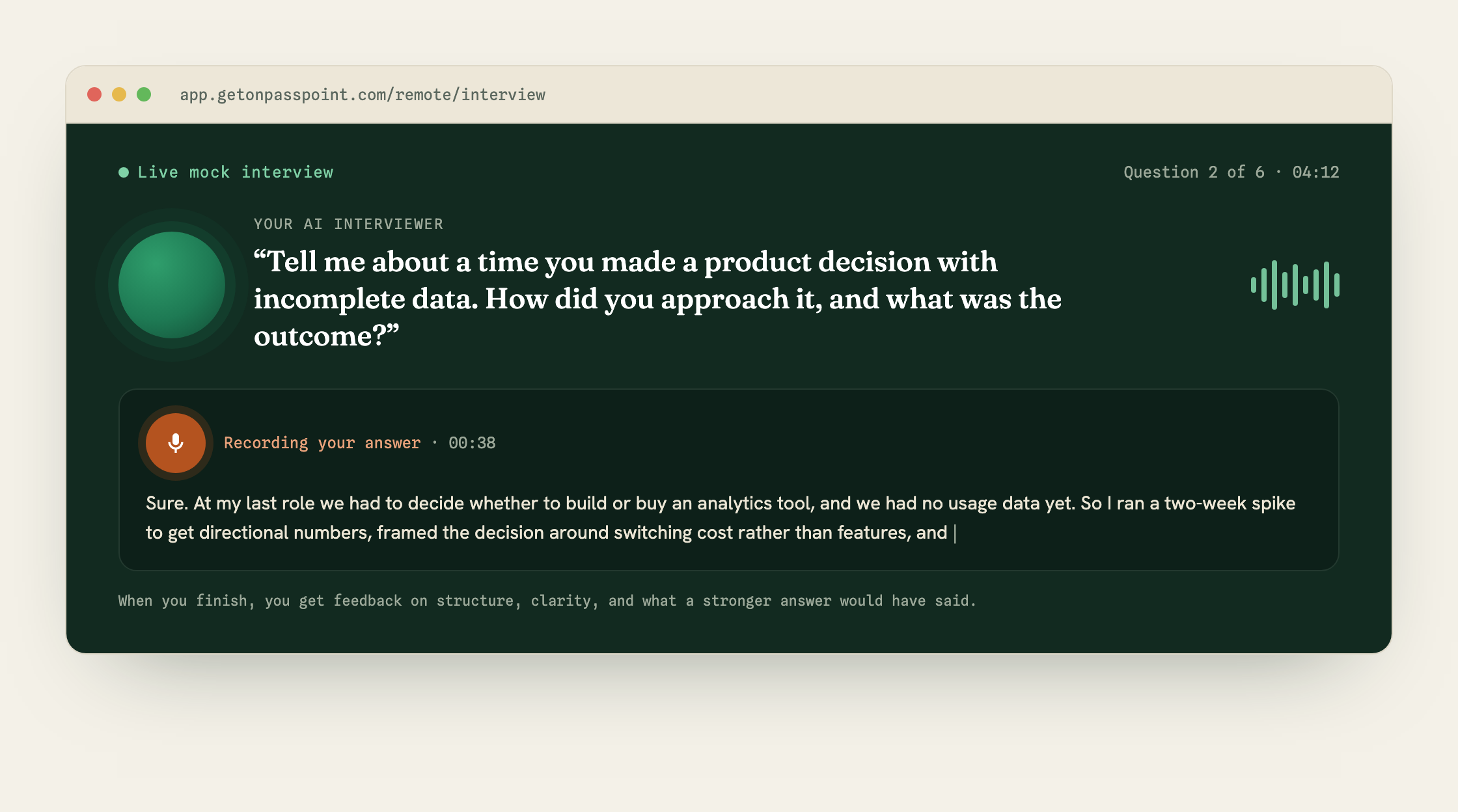 The Passpoint AI interviewer asking a product question by voice while the candidate records an answer, with a note that feedback follows.