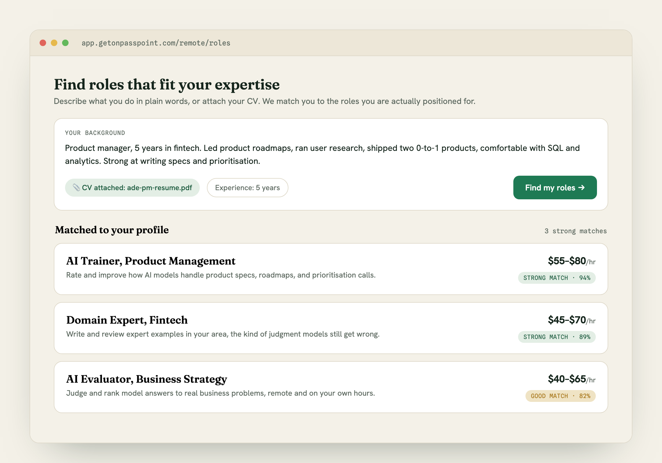 The Passpoint role finder: a box describing a product manager's background with a CV attached, and matched roles like AI Trainer, Product Management at $55 to $80 an hour.